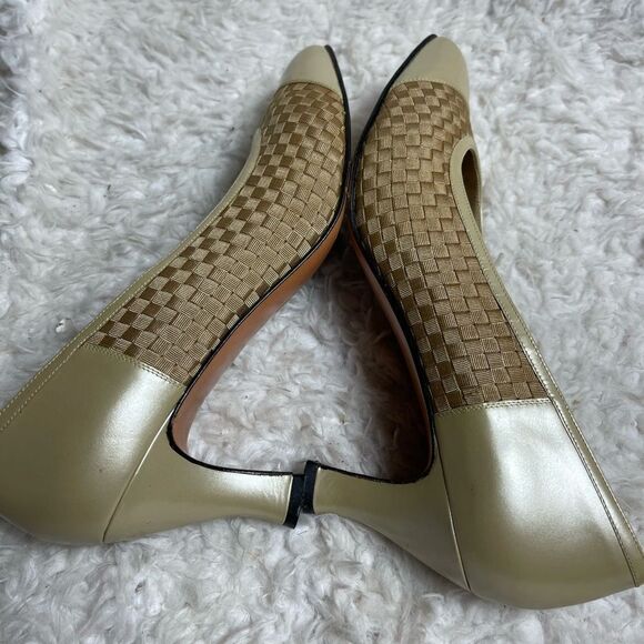 Salvatore Ferragamo light gold Leather & brown Woven Ribbon slip on heels size 9 - Picture 9 of 16